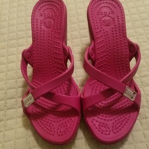 pink platform crocs